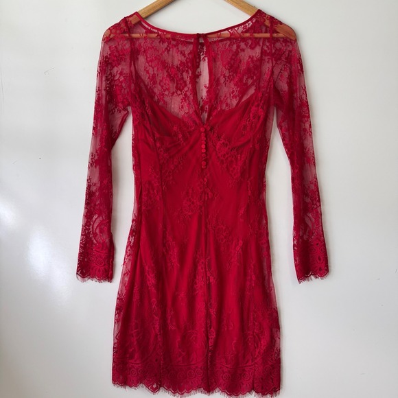MNG Collection Lace Mini Dress Long Sleeve Button Back Red Size 6 - Picture 4 of 7